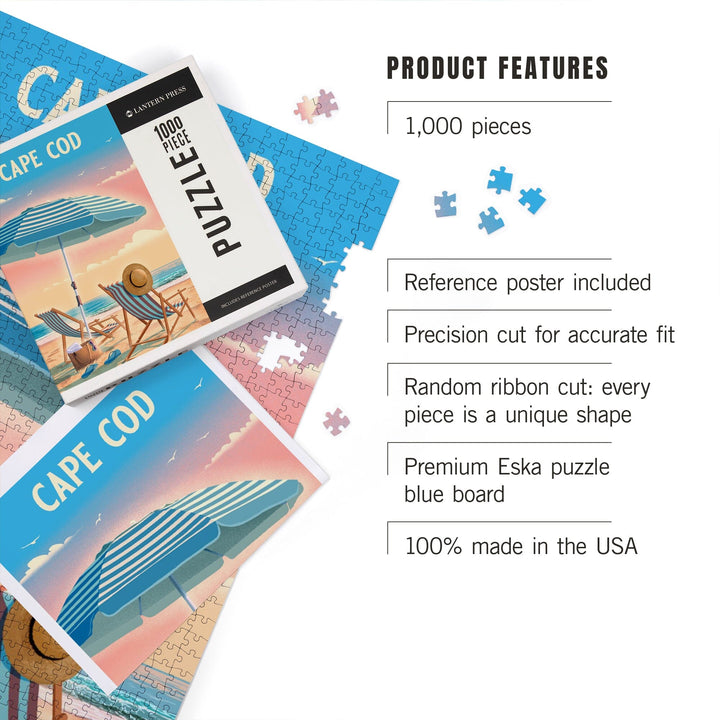 Cape Cod, Massachusetts, Beach Chair and Umbrella, Jigsaw Puzzle Puzzle Lantern Press 