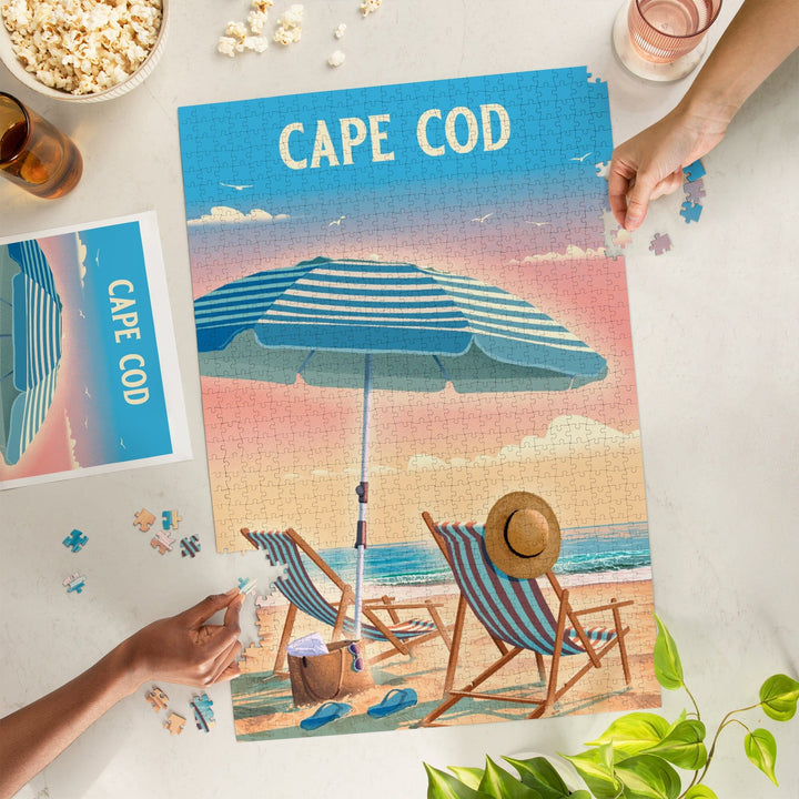 Cape Cod, Massachusetts, Beach Chair and Umbrella, Jigsaw Puzzle Puzzle Lantern Press 