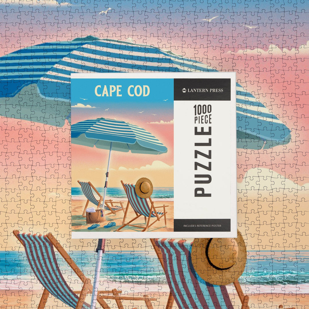 Cape Cod, Massachusetts, Beach Chair and Umbrella, Jigsaw Puzzle Puzzle Lantern Press 