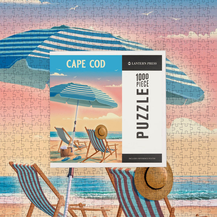 Cape Cod, Massachusetts, Beach Chair and Umbrella, Jigsaw Puzzle Puzzle Lantern Press 