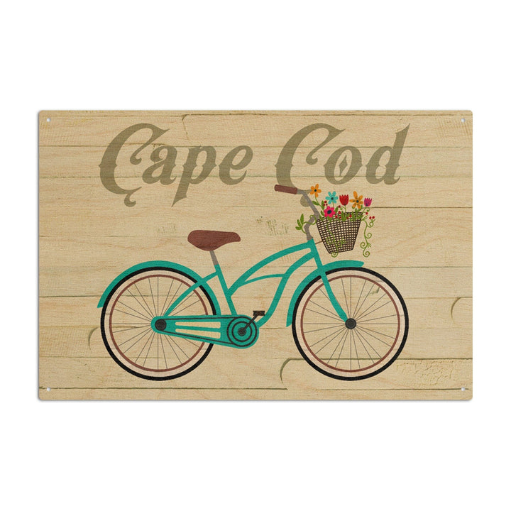 Cape Cod, Massachusetts, Beach Cruiser & Basket, Lantern Press Artwork, Wood Signs and Postcards Wood Lantern Press 10 x 15 Wood Sign 
