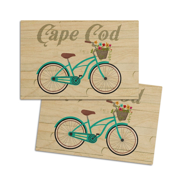 Cape Cod, Massachusetts, Beach Cruiser & Basket, Lantern Press Artwork, Wood Signs and Postcards Wood Lantern Press 4x6 Wood Postcard Set 