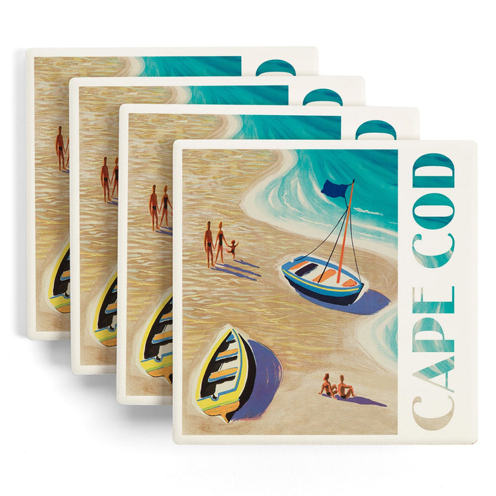 Cape Cod, Massachusetts, Beach Scene, Lantern Press Artwork, Coaster Set - Lantern Press