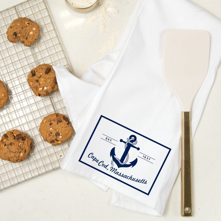 Cape Cod, Massachusetts, Blue and White Anchor, Organic Cotton Kitchen Tea Towels Kitchen Lantern Press 