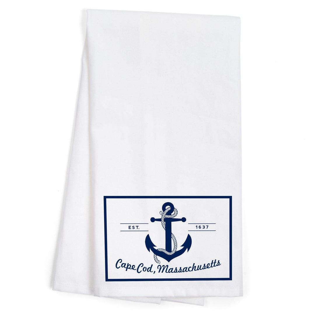 Cape Cod, Massachusetts, Blue and White Anchor, Organic Cotton Kitchen Tea Towels Kitchen Lantern Press 