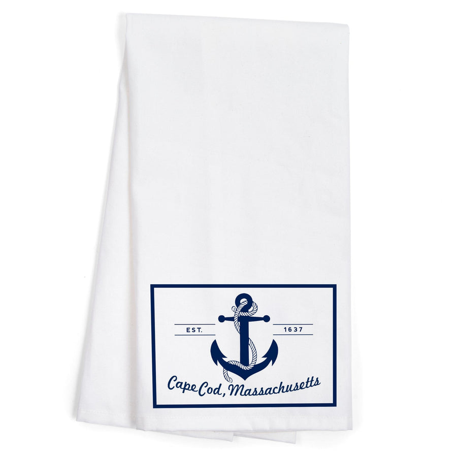 Cape Cod, Massachusetts, Blue and White Anchor, Organic Cotton Kitchen Tea Towels Kitchen Lantern Press 