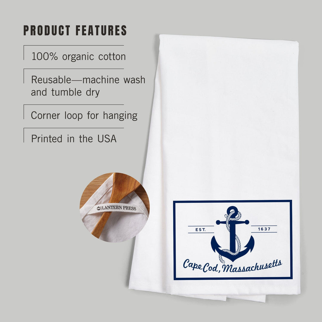 Cape Cod, Massachusetts, Blue and White Anchor, Organic Cotton Kitchen Tea Towels Kitchen Lantern Press 
