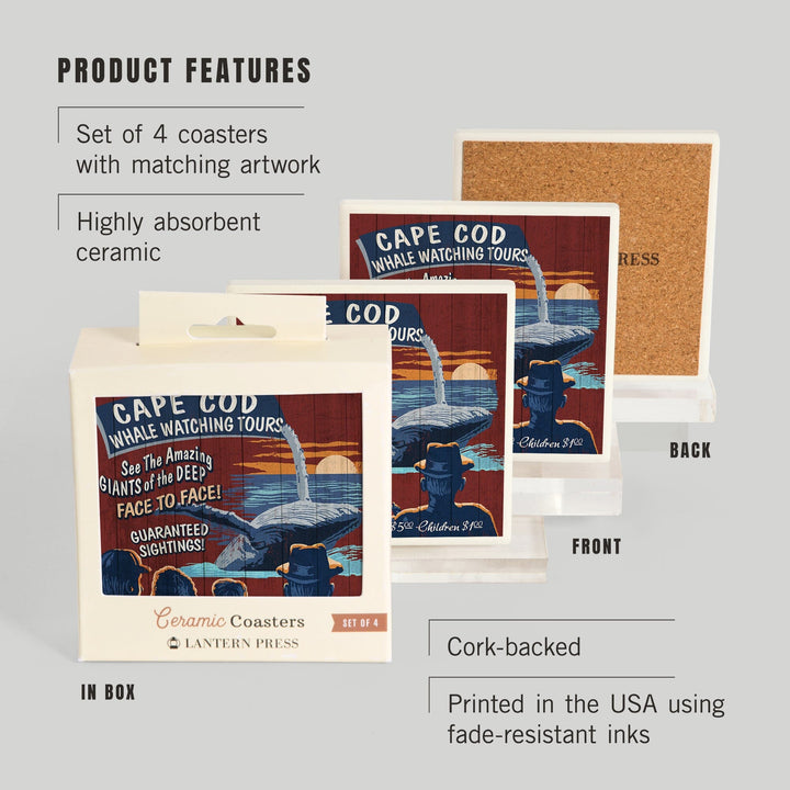 Cape Cod, Massachusetts, Blue Whale Watching Vintage Sign, Coasters Coasters Lantern Press 