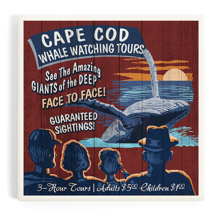 Cape Cod, Massachusetts, Blue Whale Watching Vintage Sign, Coasters Coasters Lantern Press 