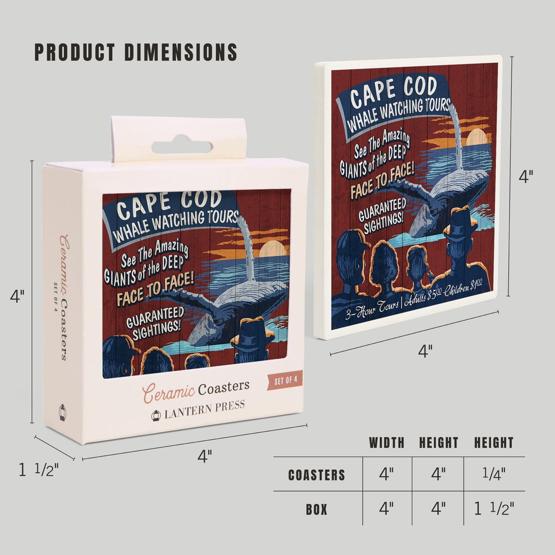 Cape Cod, Massachusetts, Blue Whale Watching Vintage Sign, Coasters Coasters Lantern Press 