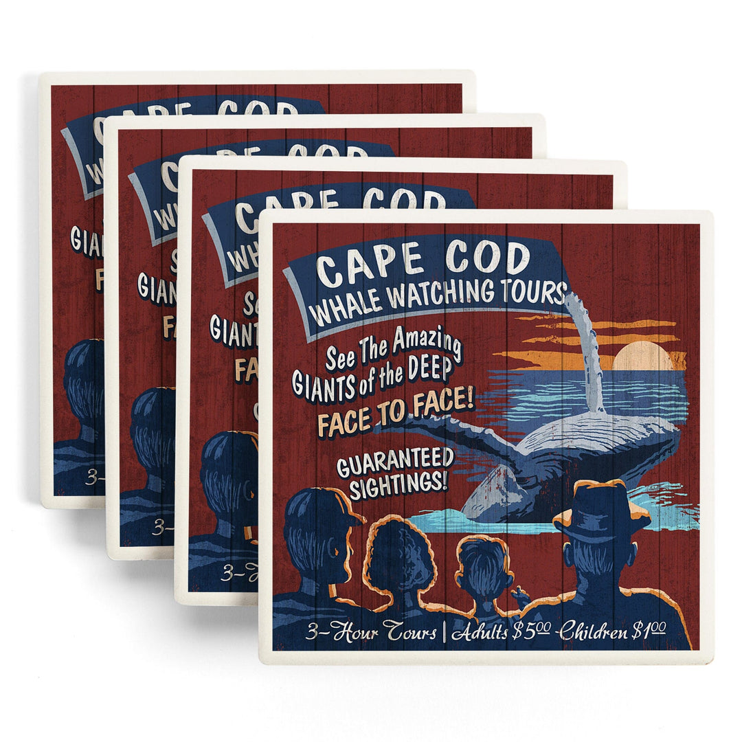 Cape Cod, Massachusetts, Blue Whale Watching Vintage Sign, Coasters Coasters Lantern Press 