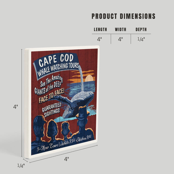 Cape Cod, Massachusetts, Blue Whale Watching Vintage Sign, Coasters Coasters Lantern Press 