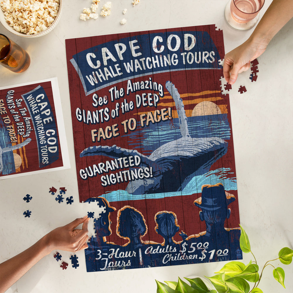 Cape Cod, Massachusetts, Blue Whale Watching Vintage Sign, Jigsaw Puzzle Puzzle Lantern Press 