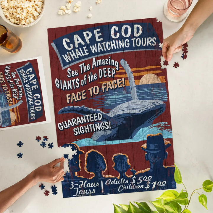 Cape Cod, Massachusetts, Blue Whale Watching Vintage Sign, Jigsaw Puzzle Puzzle Lantern Press 