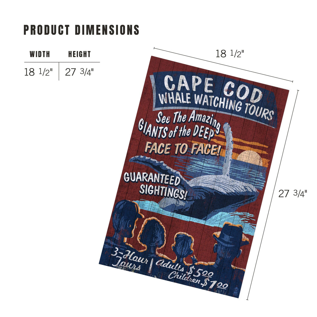 Cape Cod, Massachusetts, Blue Whale Watching Vintage Sign, Jigsaw Puzzle Puzzle Lantern Press 
