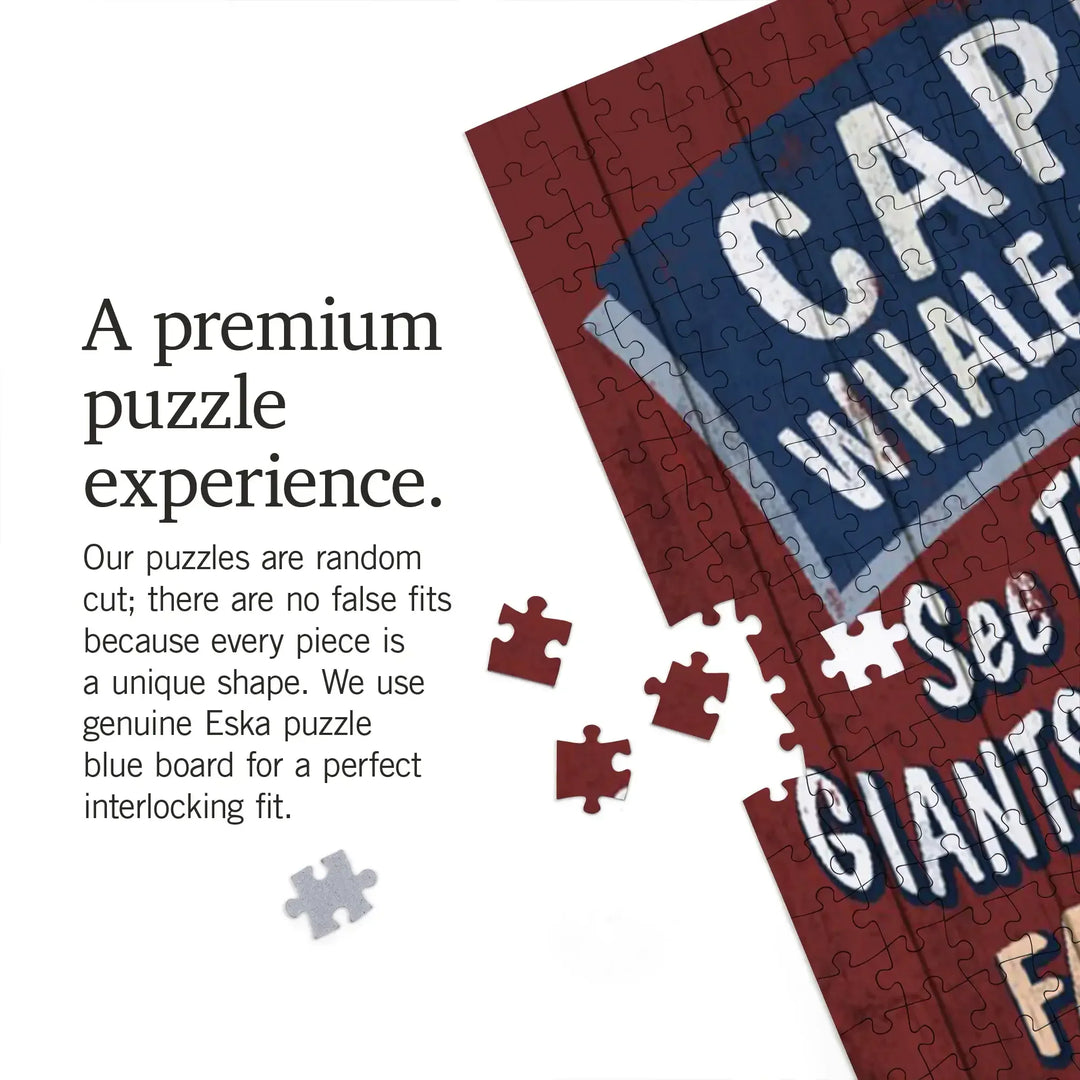 Cape Cod, Massachusetts, Blue Whale Watching Vintage Sign, Jigsaw Puzzle Puzzle Lantern Press 