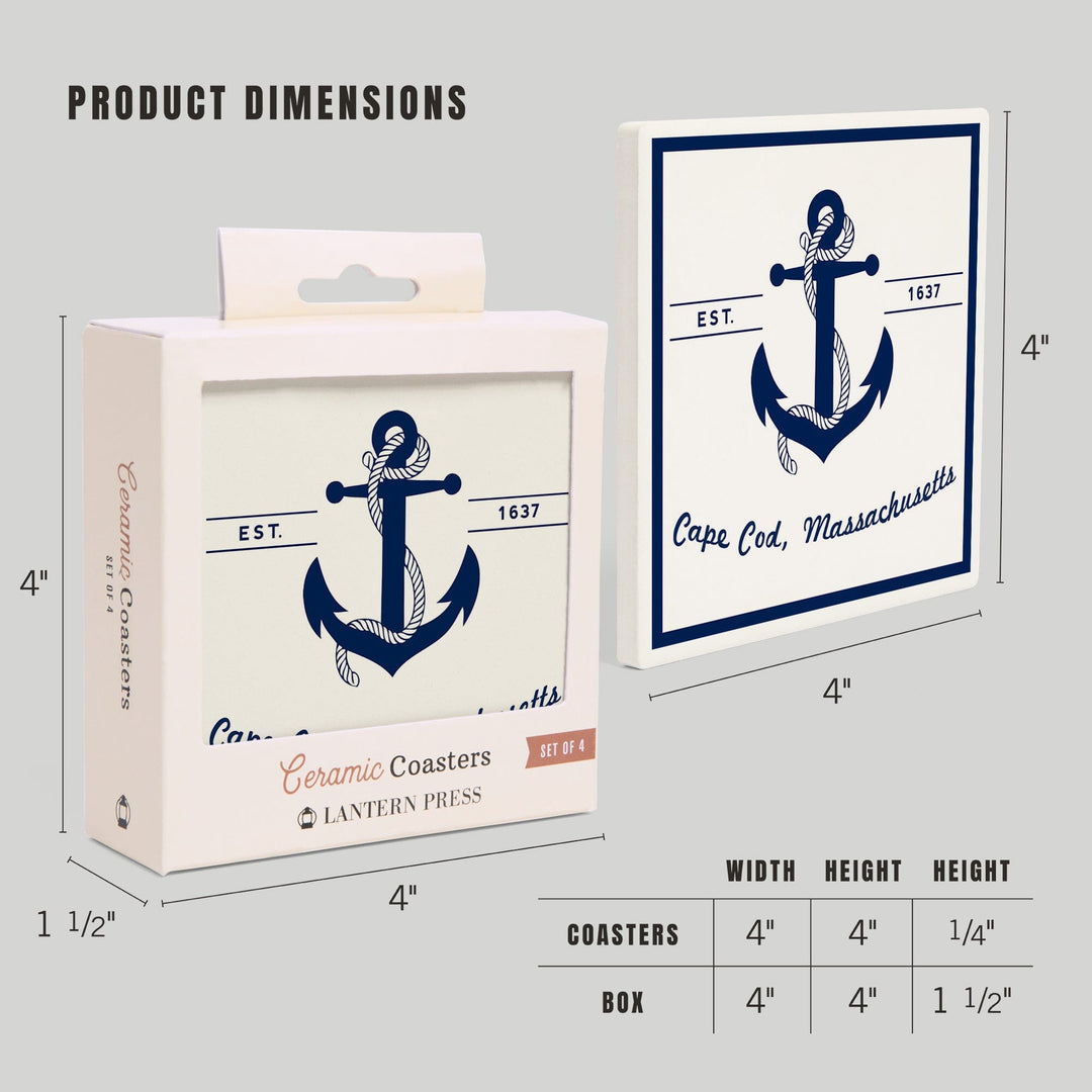 Cape Cod, Massachusetts, Blue & White Anchor, Lantern Press Artwork, Coaster Set - Lantern Press