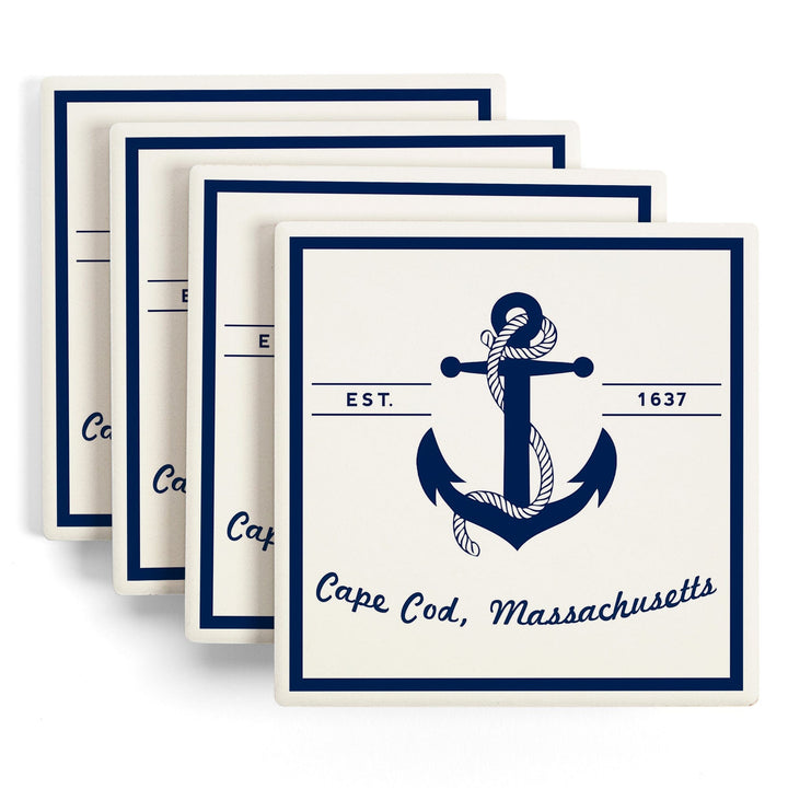 Cape Cod, Massachusetts, Blue & White Anchor, Lantern Press Artwork, Coaster Set - Lantern Press