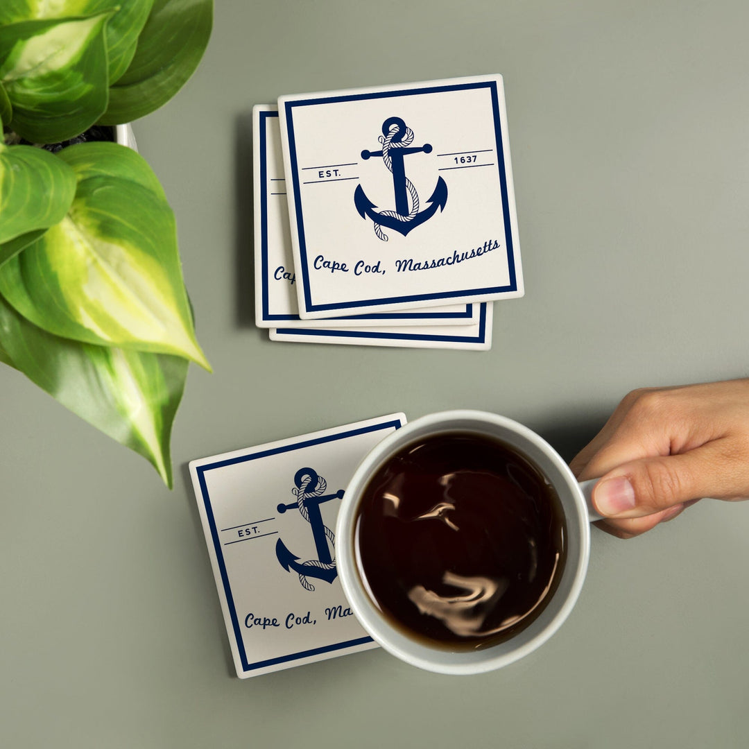 Cape Cod, Massachusetts, Blue & White Anchor, Lantern Press Artwork, Coaster Set - Lantern Press