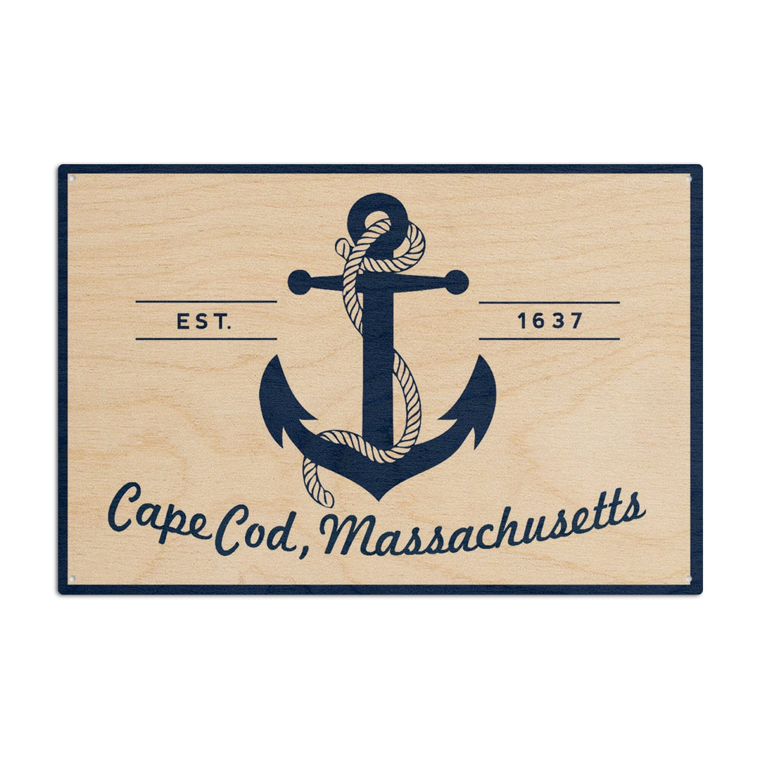 Cape Cod, Massachusetts, Blue & White Anchor, Lantern Press Artwork, Wood Signs and Postcards Wood Lantern Press 10 x 15 Wood Sign 