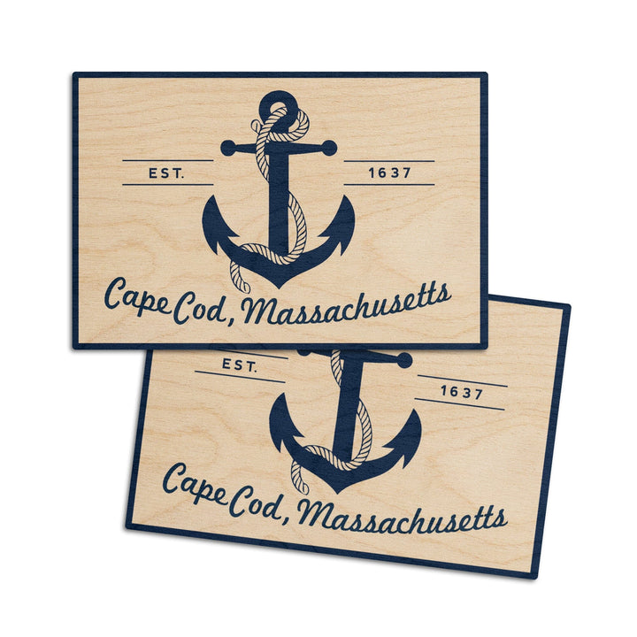 Cape Cod, Massachusetts, Blue & White Anchor, Lantern Press Artwork, Wood Signs and Postcards Wood Lantern Press 4x6 Wood Postcard Set 