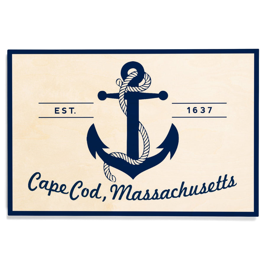 Cape Cod, Massachusetts, Blue & White Anchor, Lantern Press Artwork, Wood Signs and Postcards Wood Lantern Press 
