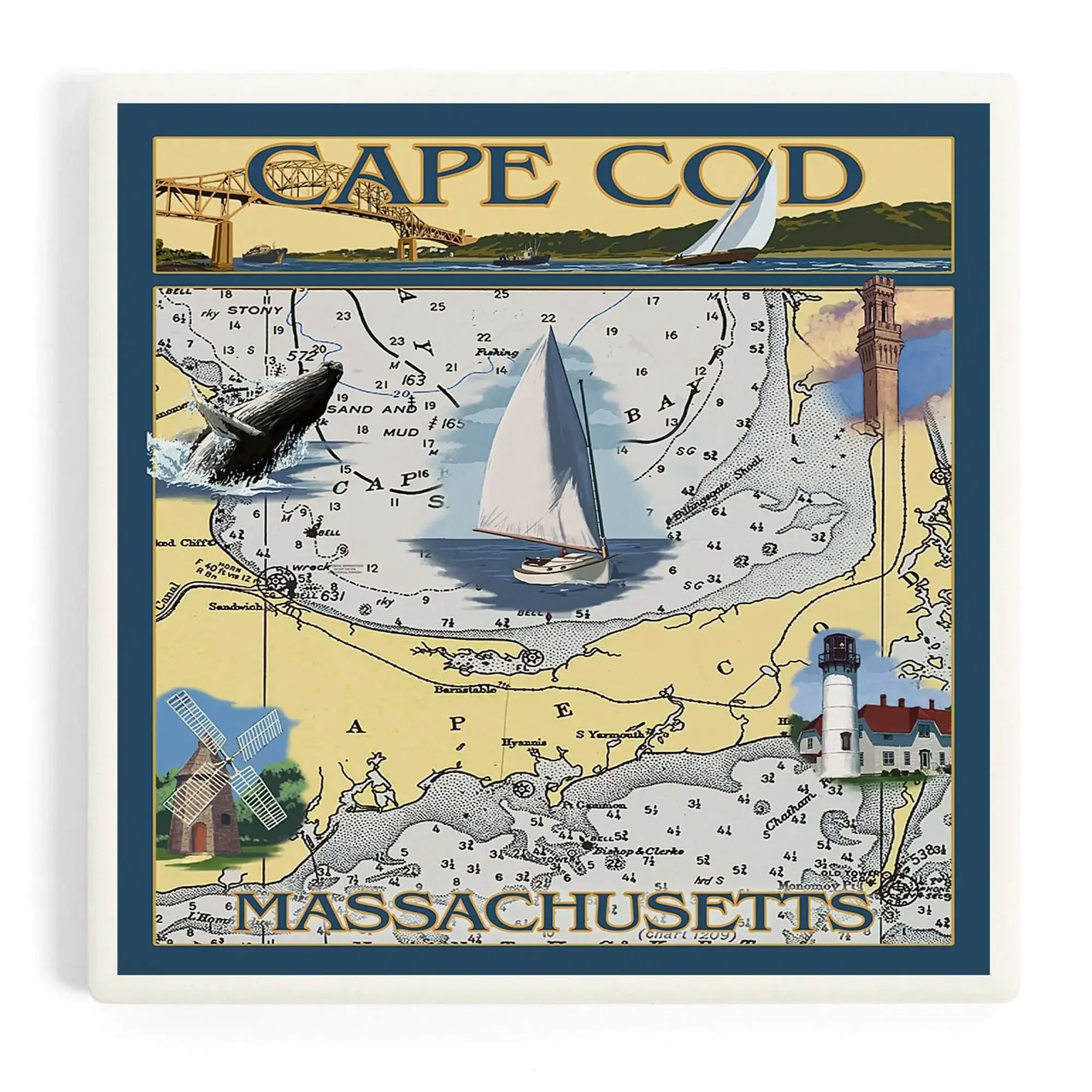 Cape Cod, Massachusetts, Chart and Views ceramic coaster set – Lantern ...