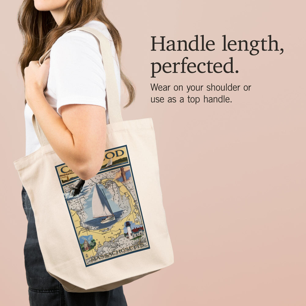 Cape Cod, Massachusetts, Chart and Views, Tote Bag Totes Lantern Press 