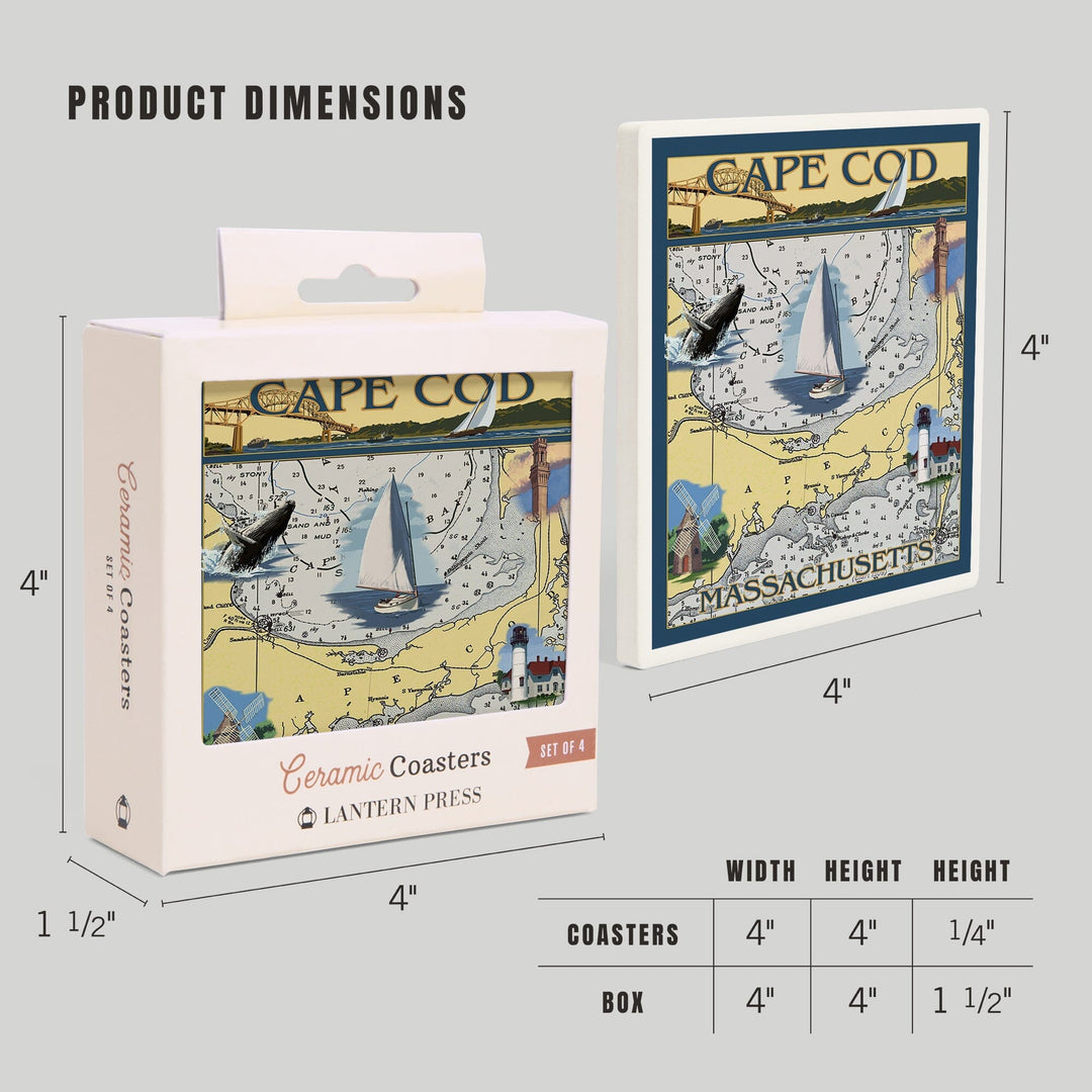 Cape Cod, Massachusetts, Chart & Views, Lantern Press Artwork, Coaster Set Coasters Lantern Press 