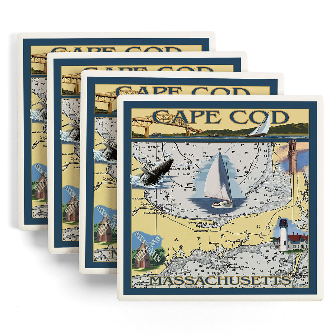 Cape Cod, Massachusetts, Chart & Views, Lantern Press Artwork, Coaster Set - Lantern Press