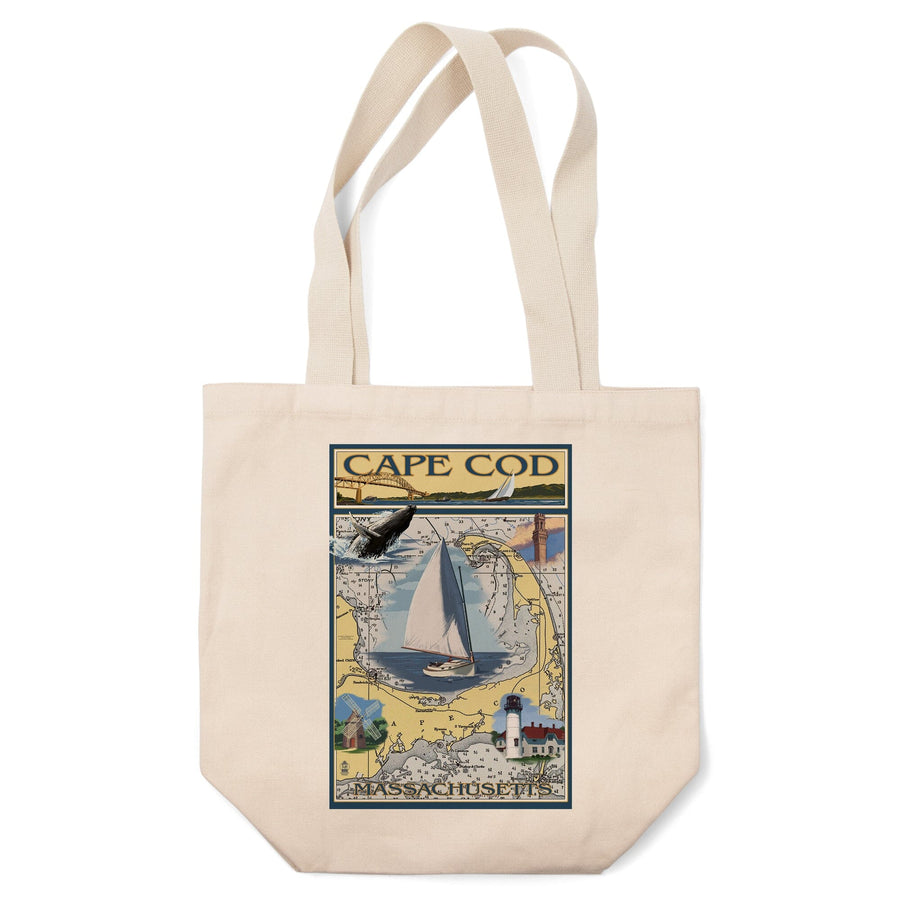 Cape Cod, Massachusetts, Chart & Views, Lantern Press Artwork, Tote Bag Totes Lantern Press 