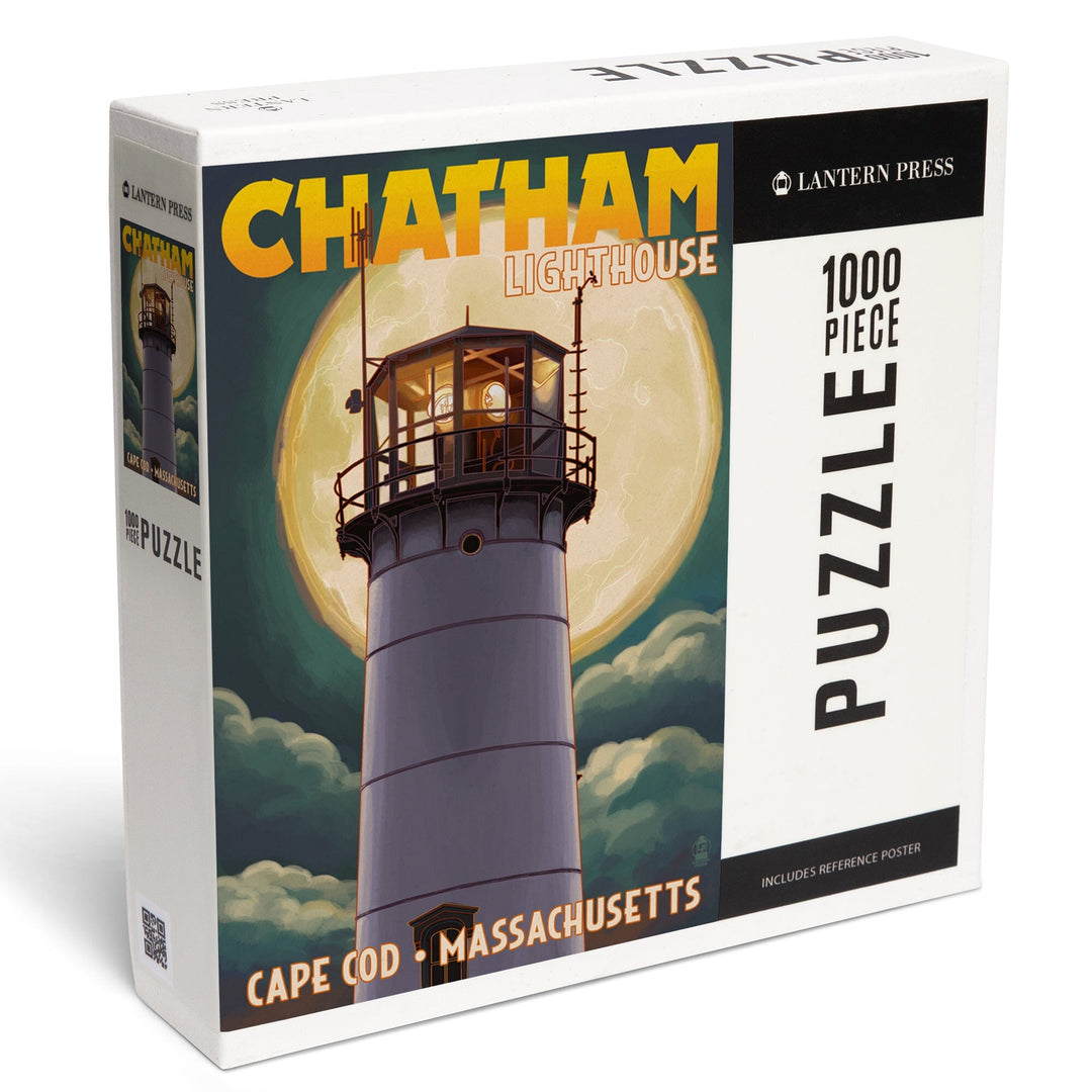 Cape Cod, Massachusetts, Chatham Light and Full Moon, Jigsaw Puzzle Puzzle Lantern Press 