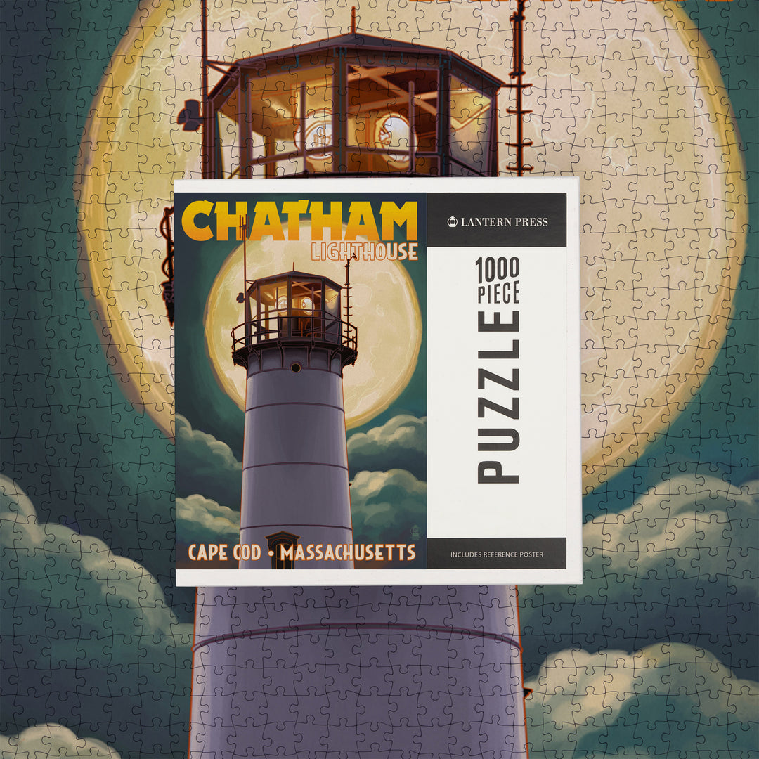 Cape Cod, Massachusetts, Chatham Light and Full Moon, Jigsaw Puzzle Puzzle Lantern Press 