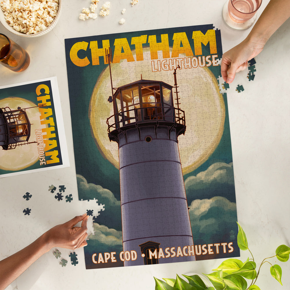 Cape Cod, Massachusetts, Chatham Light and Full Moon, Jigsaw Puzzle Puzzle Lantern Press 