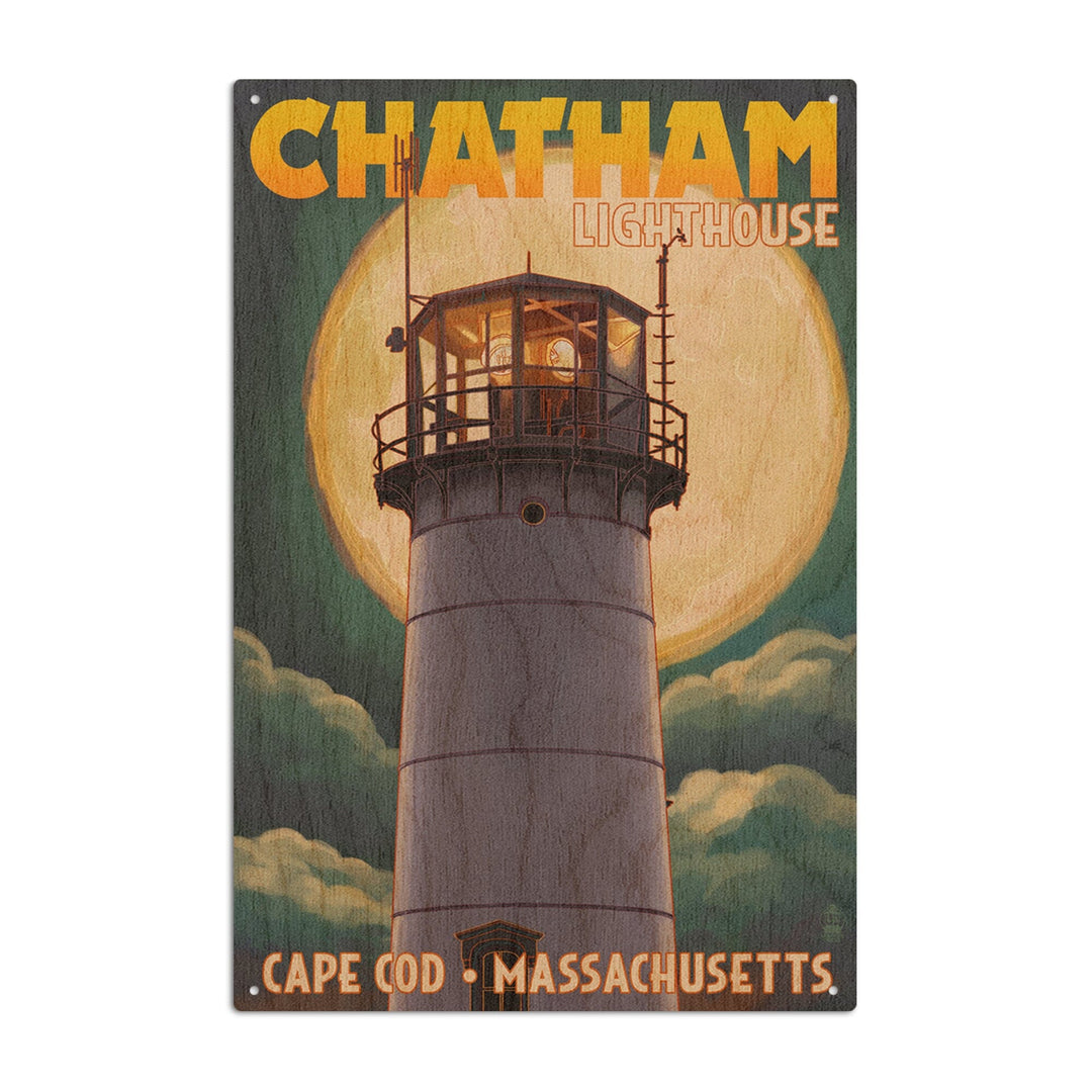 Cape Cod, Massachusetts, Chatham Light & Full Moon, Lantern Press Artwork, Wood Signs and Postcards Wood Lantern Press 10 x 15 Wood Sign 