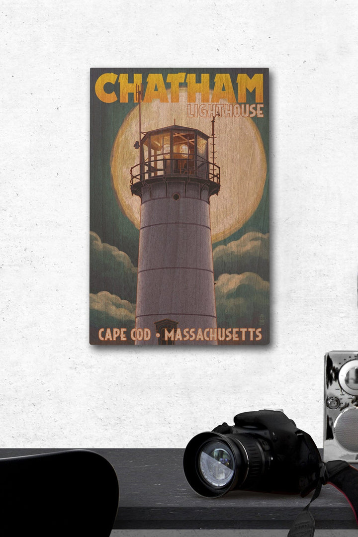Cape Cod, Massachusetts, Chatham Light & Full Moon, Lantern Press Artwork, Wood Signs and Postcards Wood Lantern Press 12 x 18 Wood Gallery Print 
