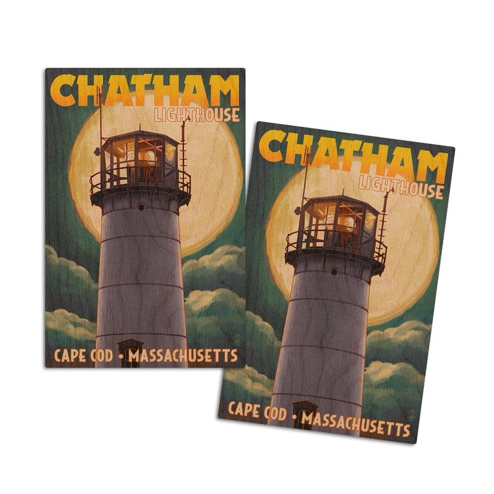 Cape Cod, Massachusetts, Chatham Light & Full Moon, Lantern Press Artwork, Wood Signs and Postcards Wood Lantern Press 4x6 Wood Postcard Set 