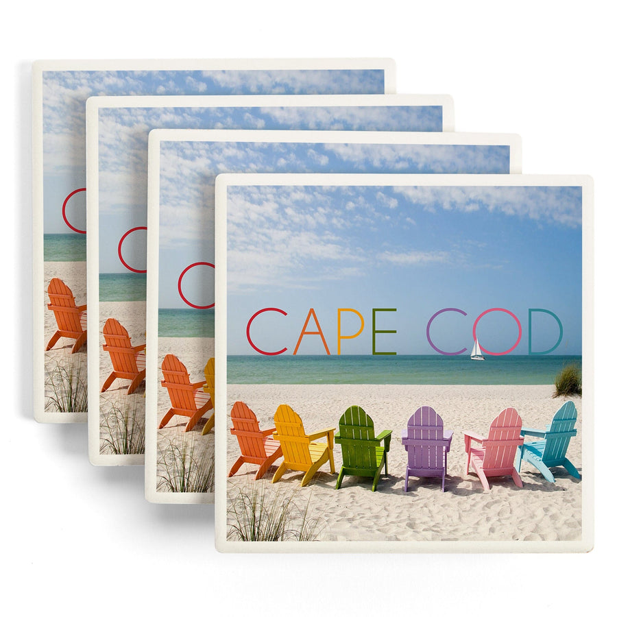 Cape Cod, Massachusetts, Colorful Beach Chairs, Lantern Press Photography, Coaster Set - Lantern Press