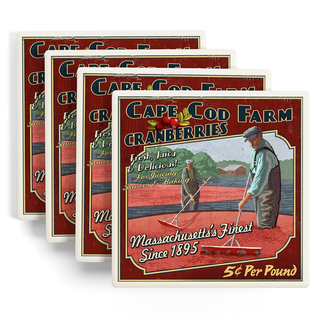 Cape Cod, Massachusetts, Cranberry Vintage Sign, Coasters Coasters Lantern Press 