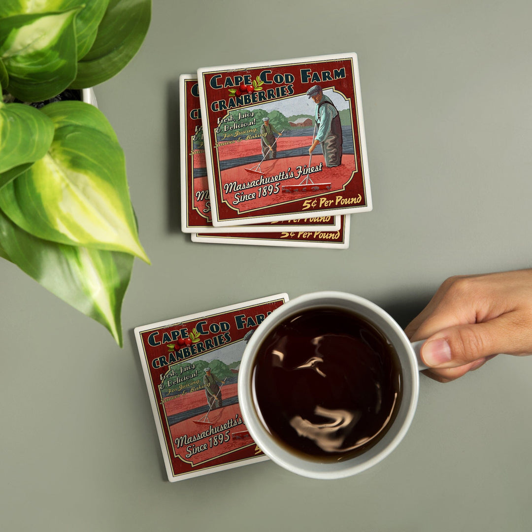 Cape Cod, Massachusetts, Cranberry Vintage Sign, Coasters Coasters Lantern Press 