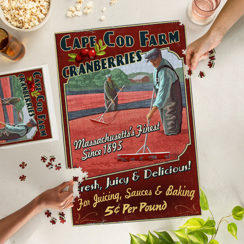 Cape Cod, Massachusetts, Cranberry Vintage Sign, Jigsaw Puzzle Puzzle Lantern Press 