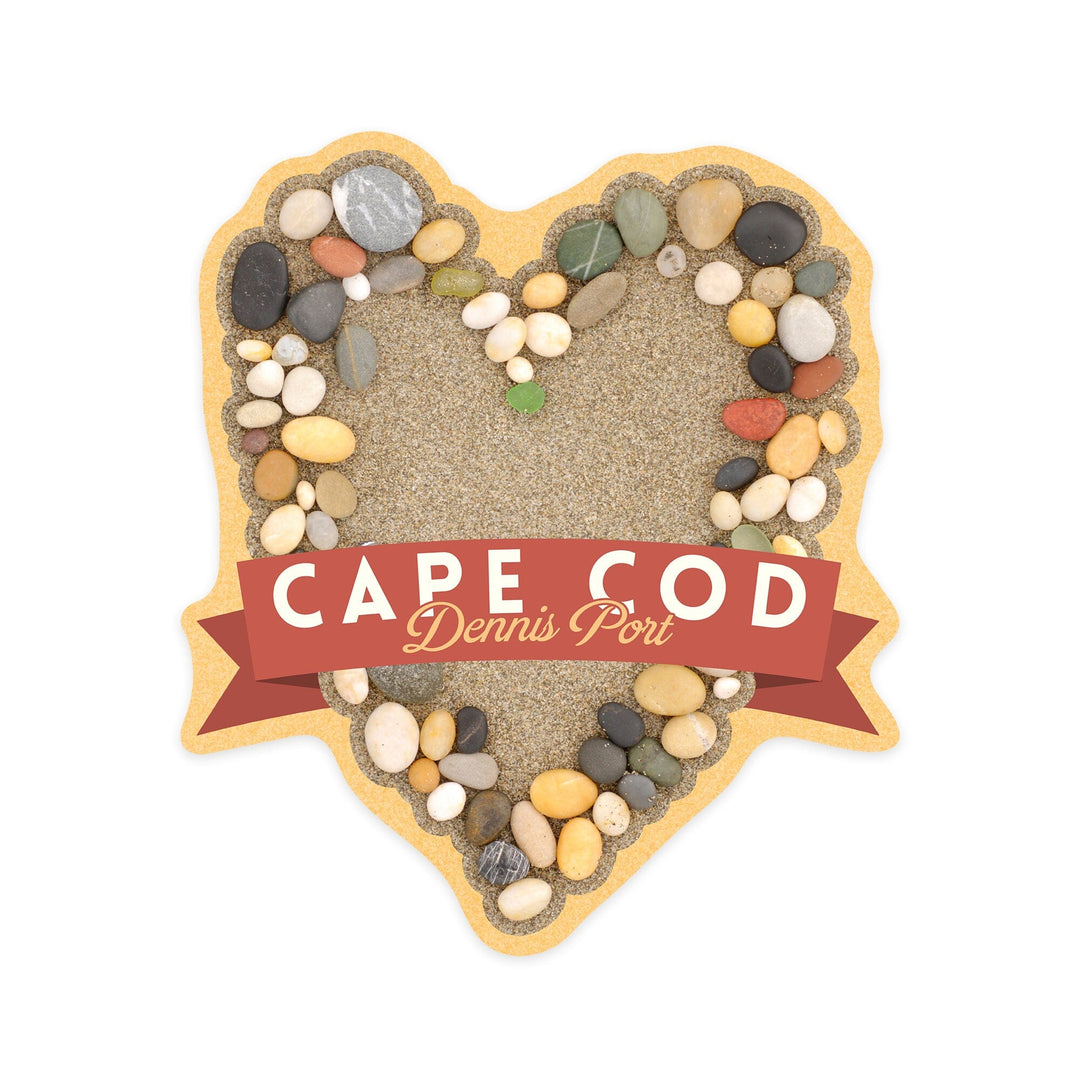 Cape Cod, Massachusetts, Dennis Port, Stone Heart on Sand, Contour, Vinyl Sticker Sticker Lantern Press 