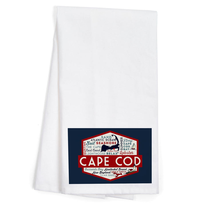 Cape Cod, Massachusetts, Dennis Port, Typography and Icons, Contour, Organic Cotton Kitchen Tea Towels - Lantern Press