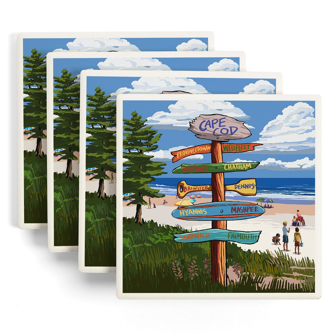 Cape Cod, Massachusetts, Destination Signpost, Lantern Press Artwork, Coaster Set - Lantern Press