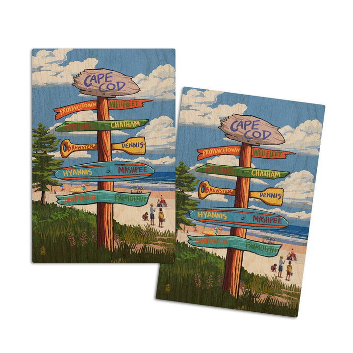 Cape Cod, Massachusetts, Destination Signpost, Lantern Press Artwork, Wood Signs and Postcards Wood Lantern Press 4x6 Wood Postcard Set 