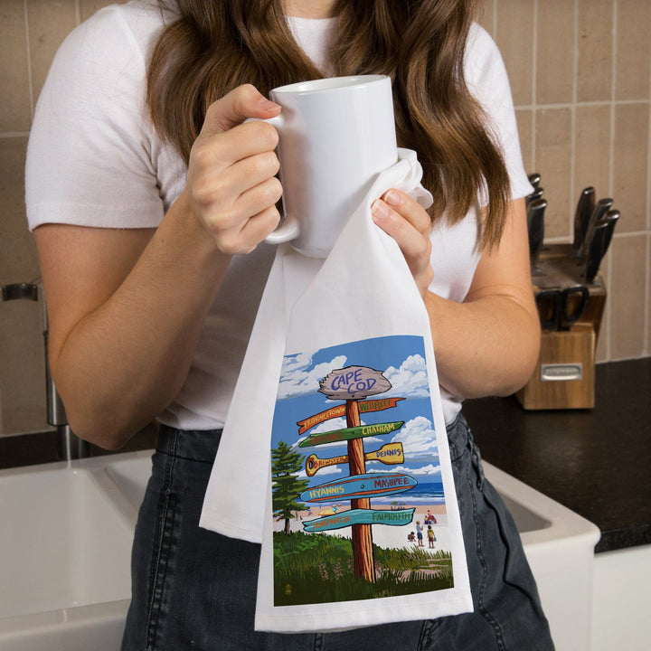 Cape Cod, Massachusetts, Destination Signpost, Organic Cotton Kitchen Tea Towels Kitchen Lantern Press 