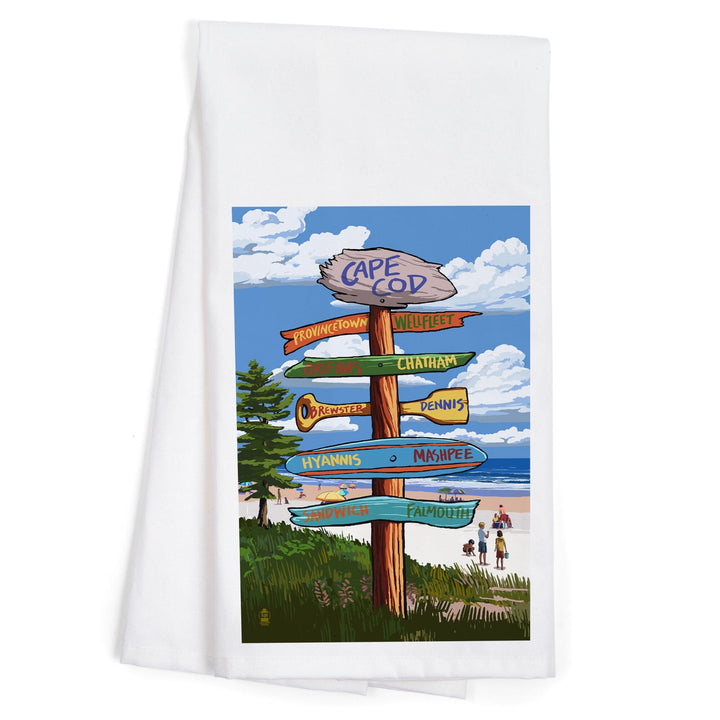 Cape Cod, Massachusetts, Destination Signpost, Organic Cotton Kitchen Tea Towels Kitchen Lantern Press 