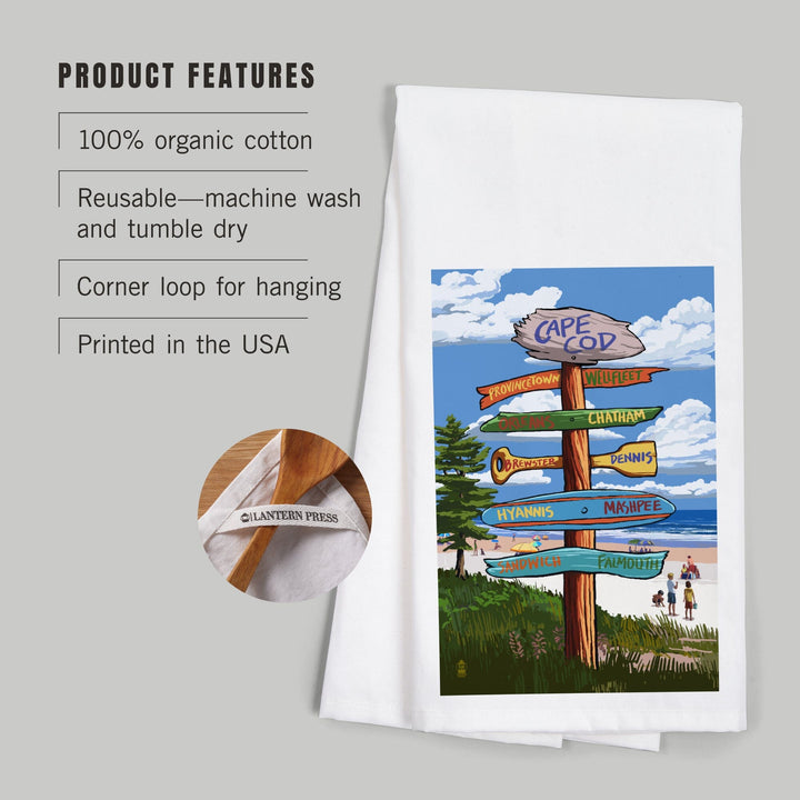 Cape Cod, Massachusetts, Destination Signpost, Organic Cotton Kitchen Tea Towels Kitchen Lantern Press 