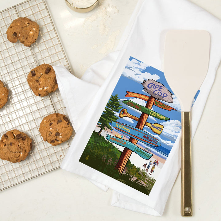 Cape Cod, Massachusetts, Destination Signpost, Organic Cotton Kitchen Tea Towels Kitchen Lantern Press 