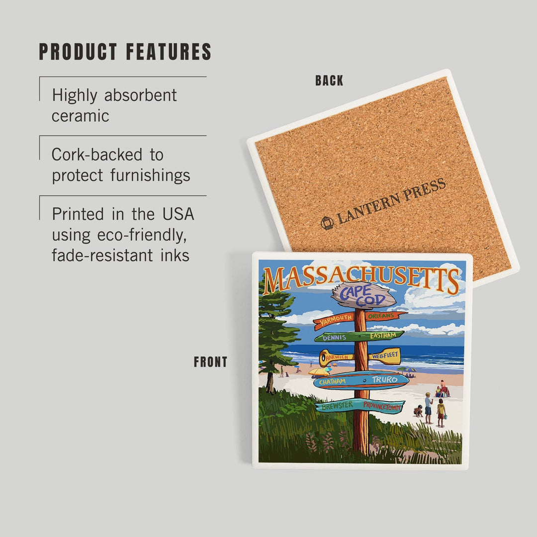 Cape Cod, Massachusetts, Destinations Sign (Version 2), Coasters Coasters Lantern Press 